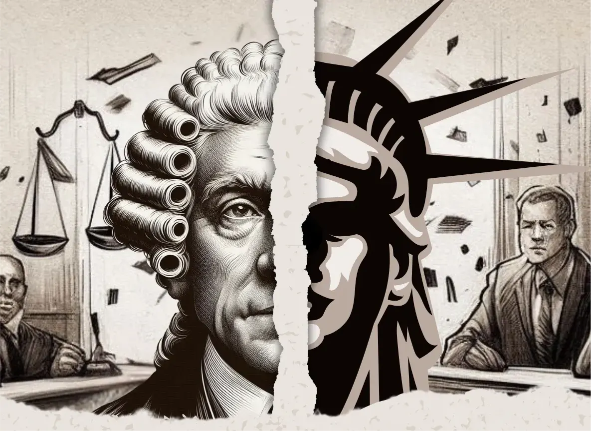 A drawing of two people with hair curlers and statue of liberty.